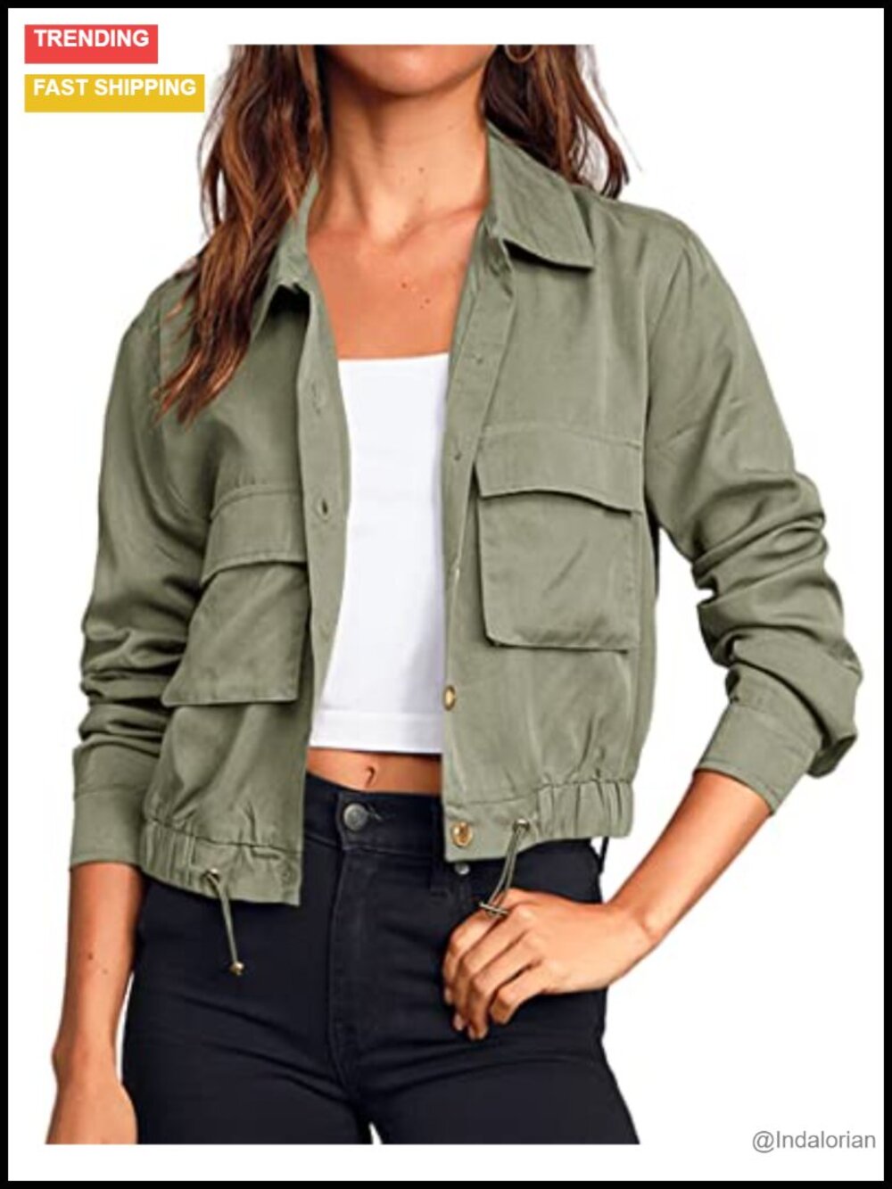 Women's Cropped Lightweight Military Safari Utility Jacket with Pockets